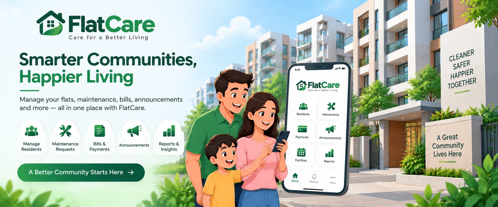 A family checking maintenance requests, payments and announcements on the FlatCare app outside their society